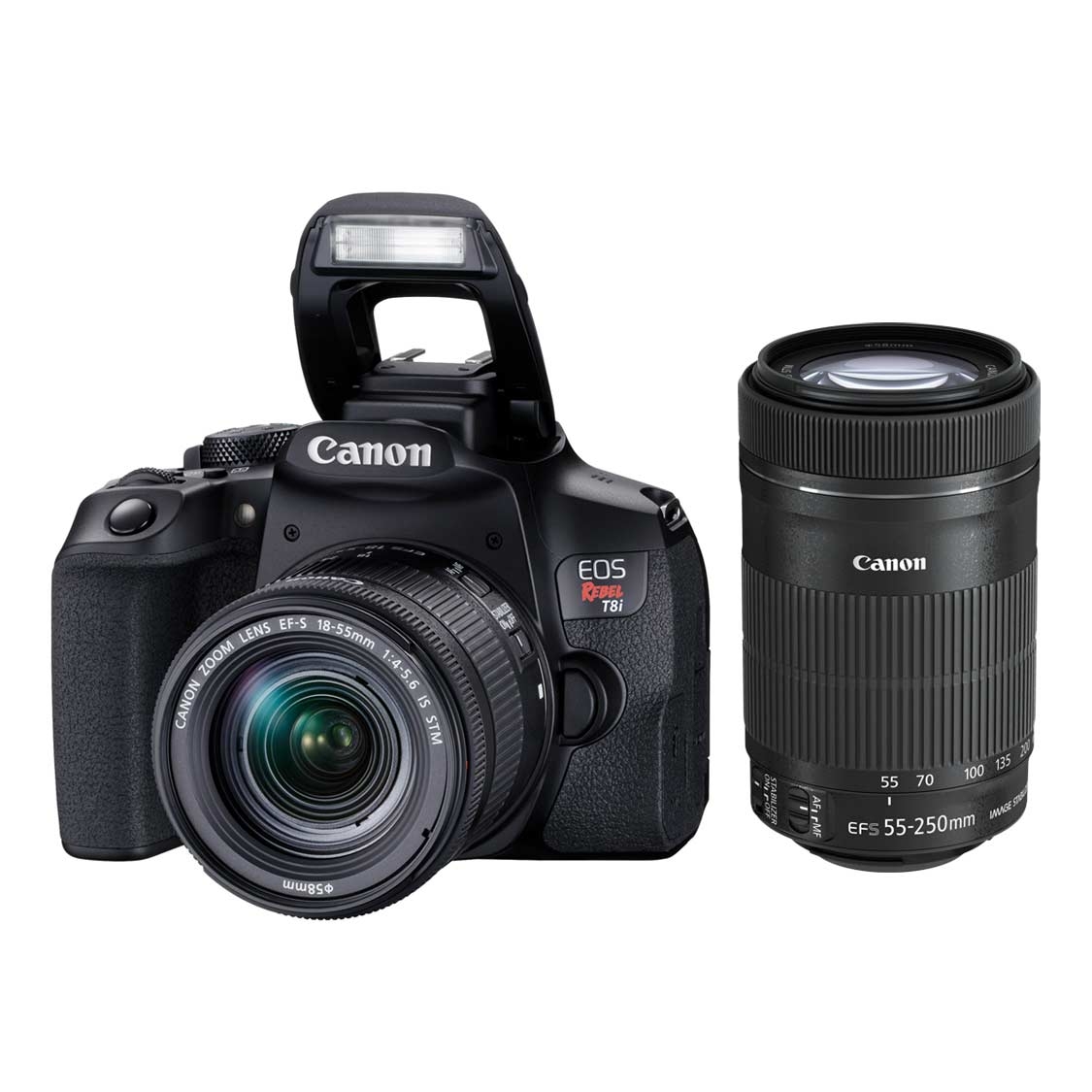 Canon Rebel T8i DSLR with 18-55mm IS STM and 55-250mm IS STM Lenses