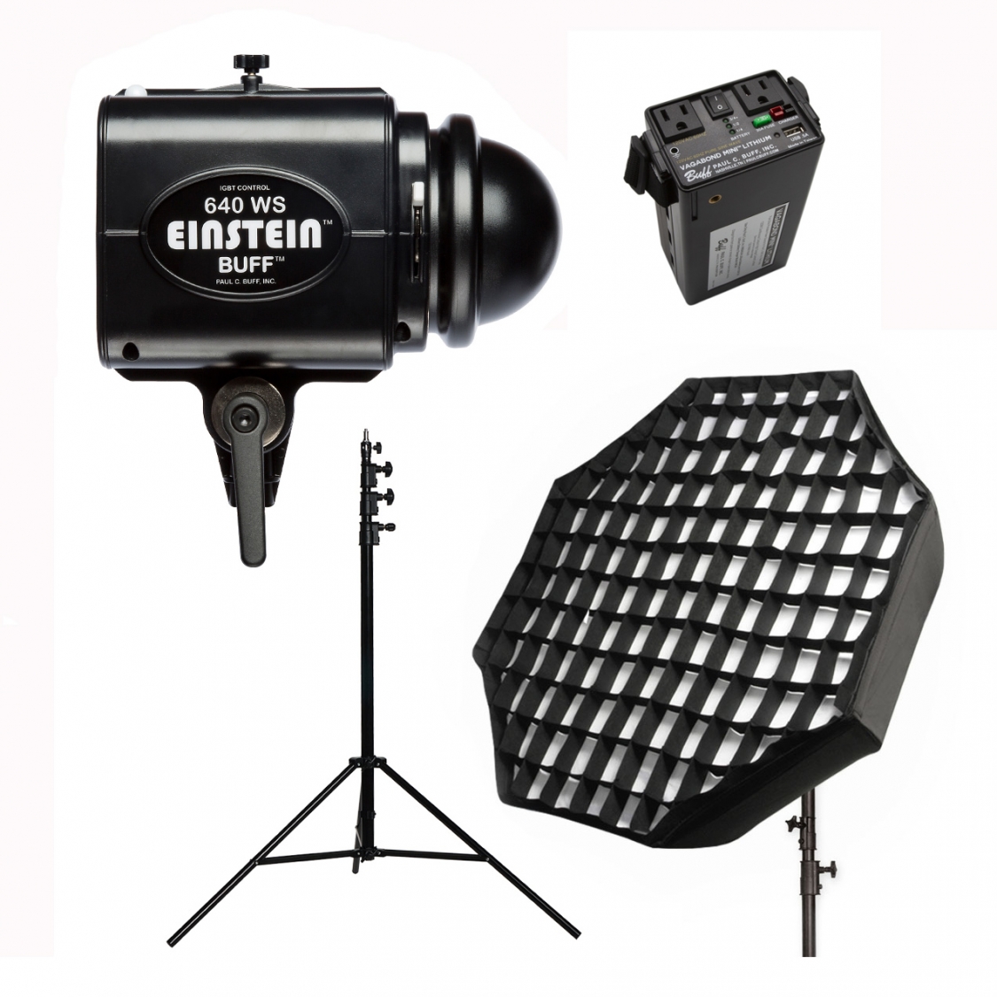 Paul C. Buff Einstein 640WS + Vagabond Mini Lithium + Cyber Commander + 13 Air-Cushioned Stand + 35 Inch Octobox W/Grid (EX) Used