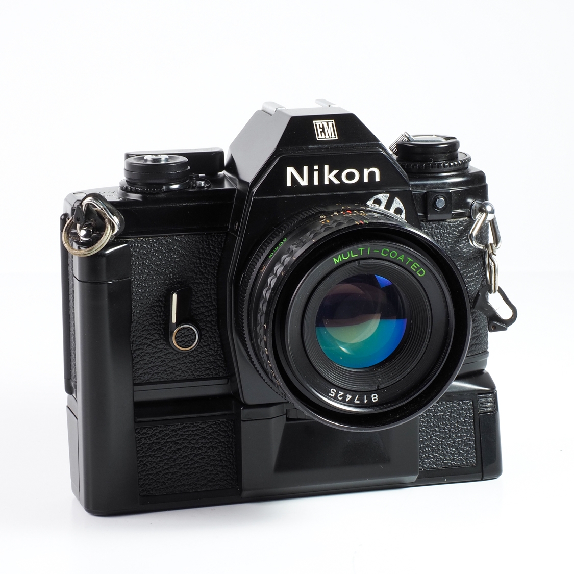 Nikon EM 35mm Film SLR Camera with Makinon 50mm F1.7 Lens & MD-E Motor Drive (BGN) Used