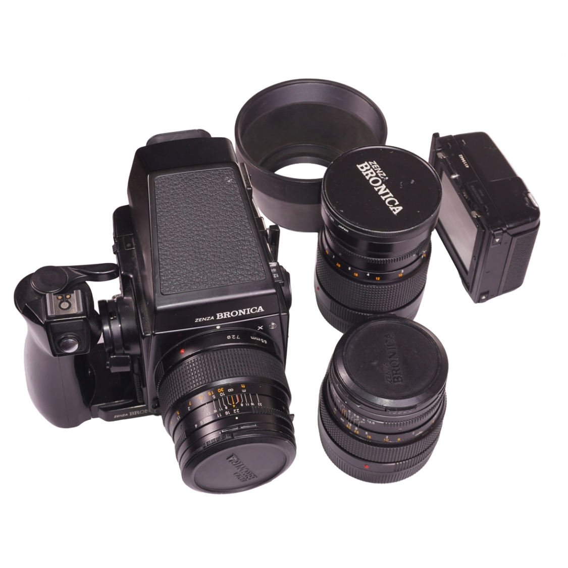 Bronica GS-1 Medium Format Film Camera with 100mm F3.5, 200mm F4.5, & 65mm F4 Lenses & Extra 5x7 Film Back. (EX) Used