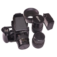 Bronica GS-1 Medium Format Film Camera with 100mm F3.5, 200mm F4.5, & 65mm F4 Lenses & Extra 5x7 Film Back. (EX) Used