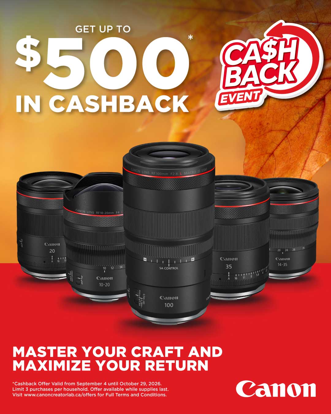 Canon Cash Back – Get up to $500 cash back on select Canon R-series lenses