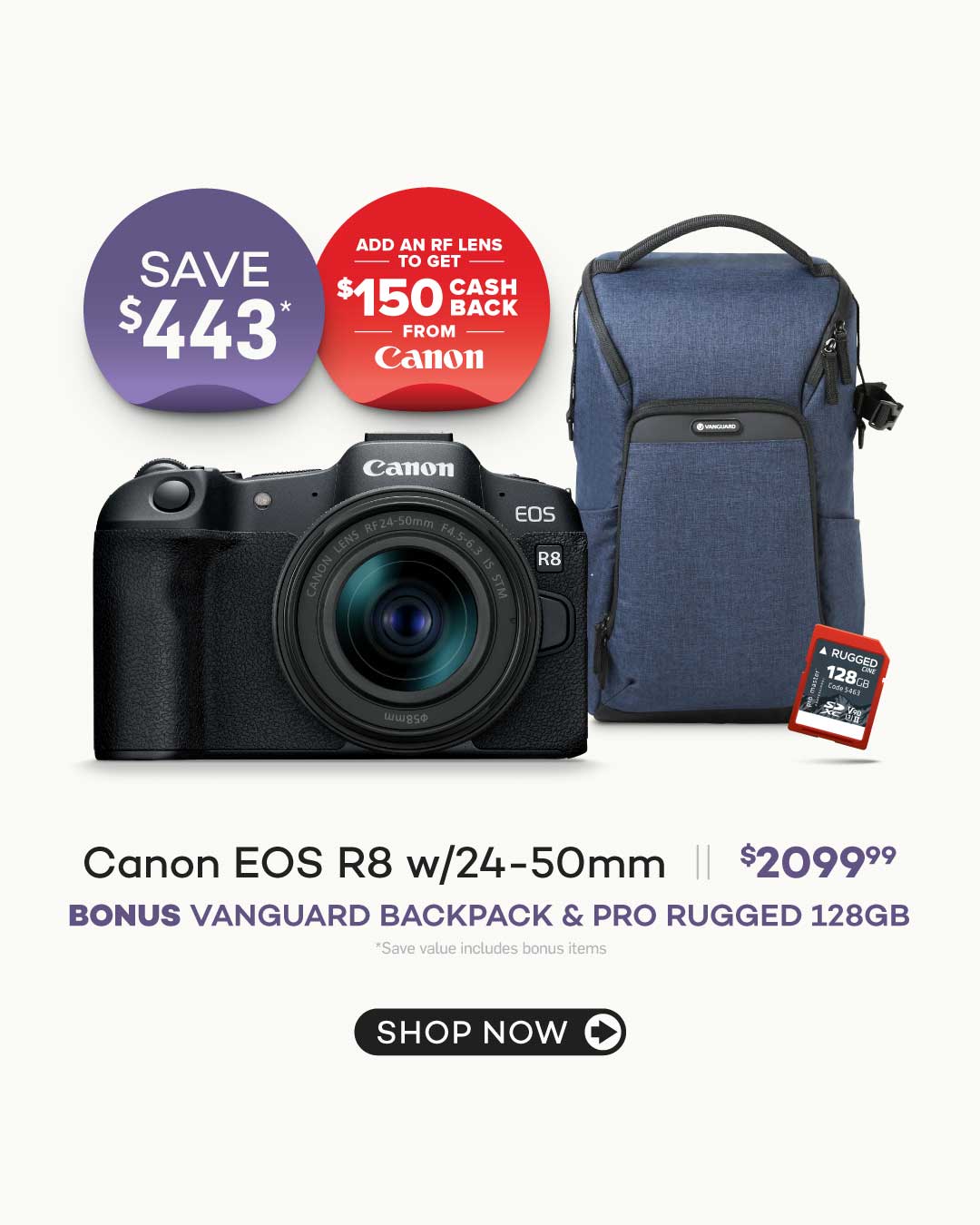 Canon EOS R8 Camera Body with Bonus Vanguard Bag & Promaster 128GB Memory Card!