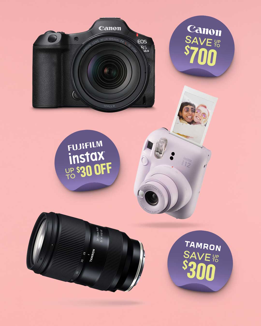 Save up to $700 on Canon, up to $30 on Fujifilm Instax and up to $300 on Tamron